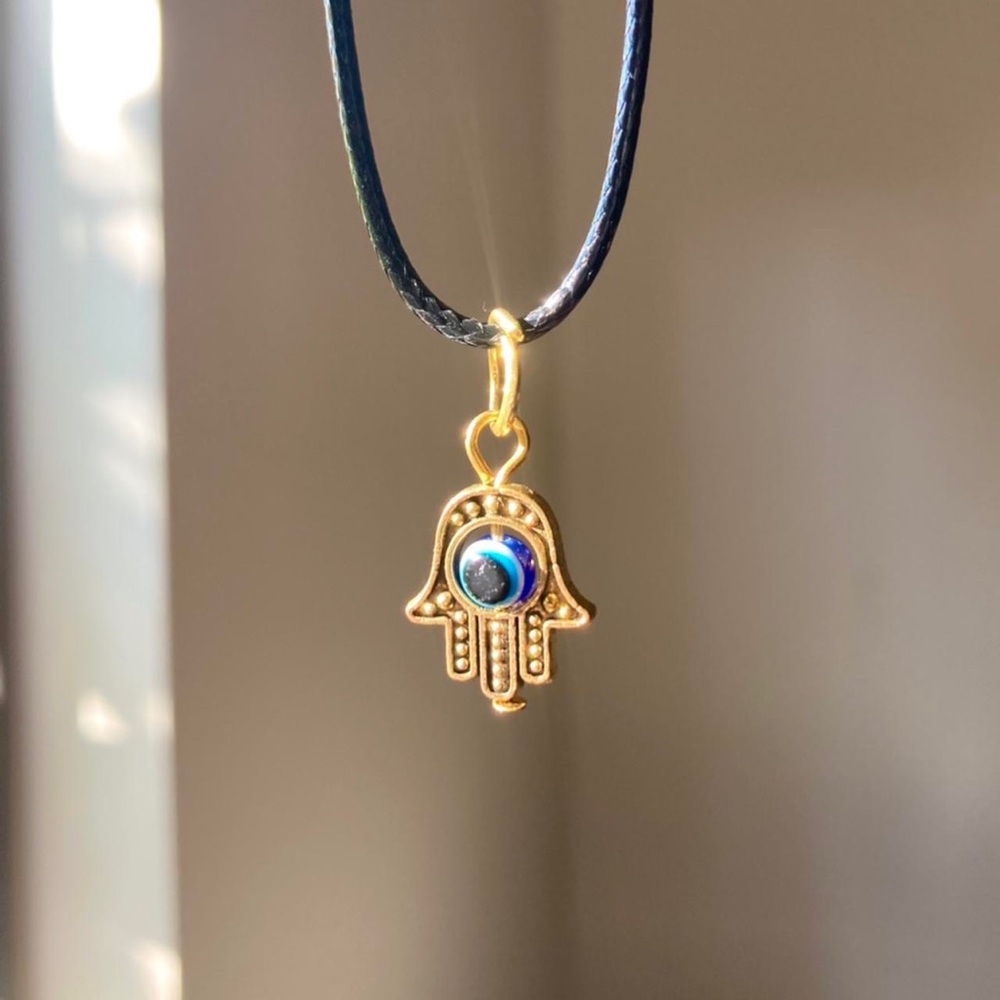 - Gold hamsa hand evil eye black cord necklace choker